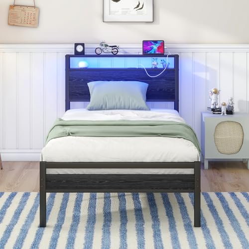 HOJINLINERO Single Bed Frame with Storage Shelf Headboard & LED Lights,Metal Platform Bed Frame with Charging Station,Mattress Base/Strong Slats Support/UnderBed Storage/Easy Assembly for Adults,Black