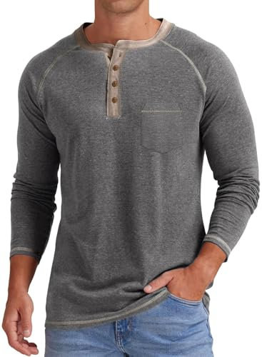 Meilicloth Mens T Shirt Long Sleeve Tshirt Casual Pullover V Neck Tee Shirt Button up Henley Tops Lightweight Shirt with Pocket Grey Large
