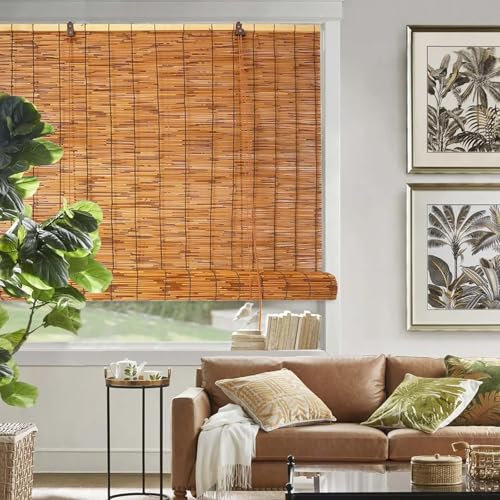 Blackout Reedblinds for Outdoor Privacy Bamboo Blinds Reedroller with Lift Breathable Natural Bamboo Roman Shades for Windows Easy to Install Vintage Decoration for Terrace Garden Indoor Customizable(