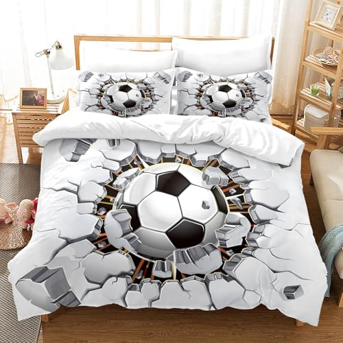 CXYXHW Fußball Bettwäsche-Set, 3D Drucken Junge Bettwäsche, Sport Bettbezug-Set mit Reißverschluss, 3 Teilig Weich, Weiß, 135x200cm