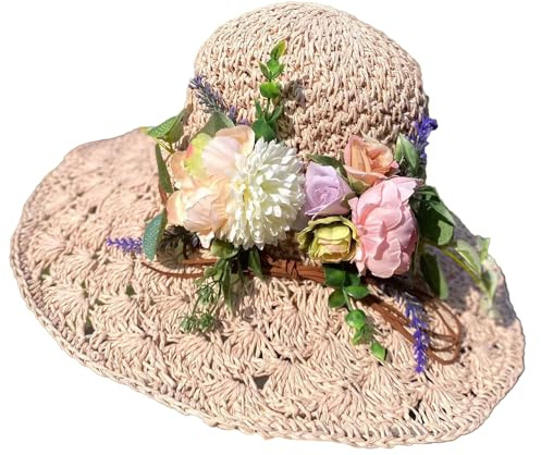BrightGlow Damer brett brätte stråhatt sommar blommor solhatt mjuk vikbar sommarhatt anti-UV strandhatt teparty hattar damer virkad hatt av halm elegant slapphatt, Rosa (rosa), one size