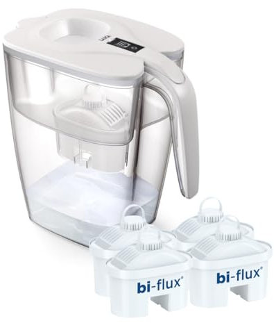 Laica Caraffa Filtrante BIG Milano - Bianca - 3,7L - con 4 Filtri bi-flux, Preserva i sali minerali e Riduce le sostanze indesiderate - Capacità XXL - Timer digitale - Sicurezza Made in Italy