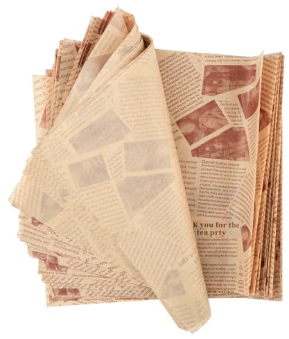 100 ark bakplåtspapper, deli-pappersblad, tryckta bakpapper, tidningsoptik hamburgarpapper, vattentätt och oljebeständigt, ostpapper, wrap papper för hamburgare, smörgås, pommes-papper (25 x 25 cm)
