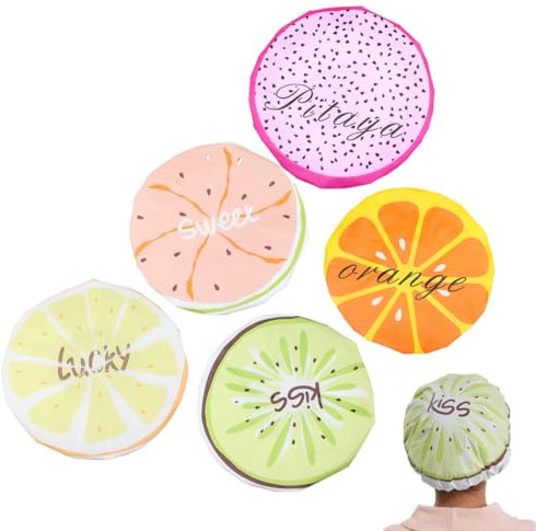 Cuffia da Doccia, 5 Pezzi Cuffie Doccia con Motivo a Frutta Multicolore Cuffia da Doccia Impermeabile Cuffiette Doccia Riutilizzabili Cuffia da Bagno in Plastica con Fascia Elastica