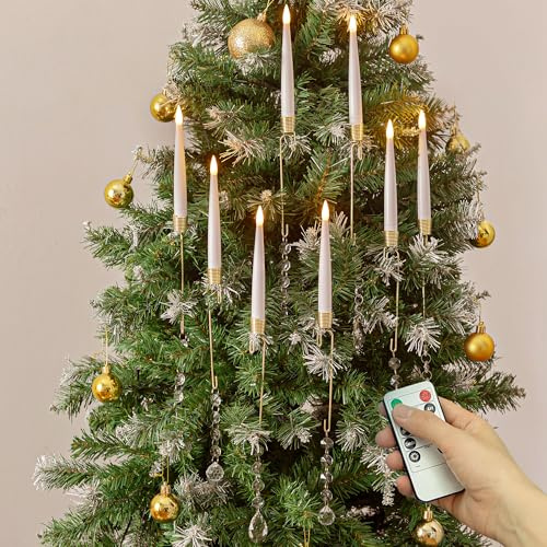 Inweder Christmas Tree Candles with Remote: 10Pcs LED Taper Candle Battery Operated with Timer Wireless Flameless Flickering Candle Light Set for Indoor Xmas Party Living Room Fireplace