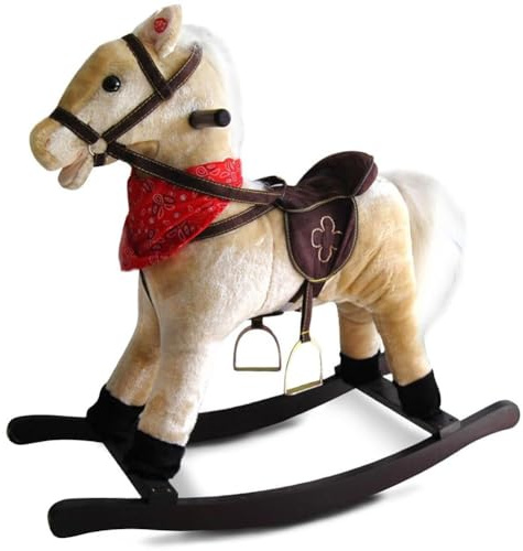 BAKAJI Caballo Balancín para Niños Con Sonidos Realistas Relincha y Mueve la Boca Estructura de Madera y Tela de Felpa de Calidad Juegos para la Infancia (Tortora)