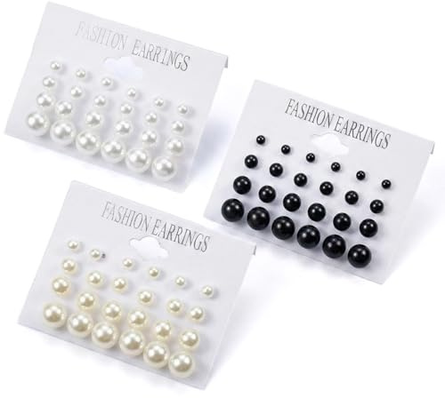NiceNaiils Set de 36 Pares de Pendientes de Perlas para Mujer, Kit de Pendientes de Botón en 3 Colores, Joyería Elegante y Minimalista, Regalo para Mujer y Niña (Blanco, Crema, Negro)