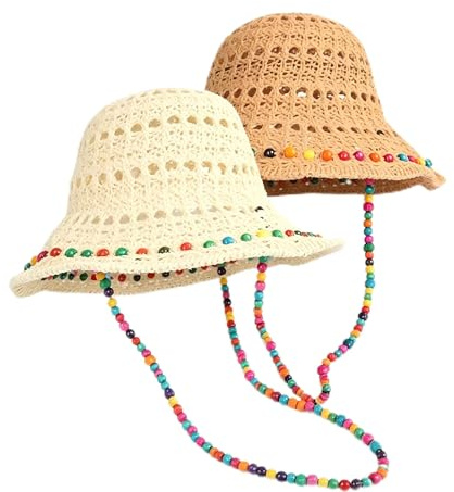 Winsegom 2 PCS Women's Boho Straw Sun Hat, Wide Brim Hollow Sun Hat, Sun Shade Beach Hat with Colorful Beaded Strap, Foldable Bucket Hat for Travel, Festival, Outdoor Activities, Off-White
