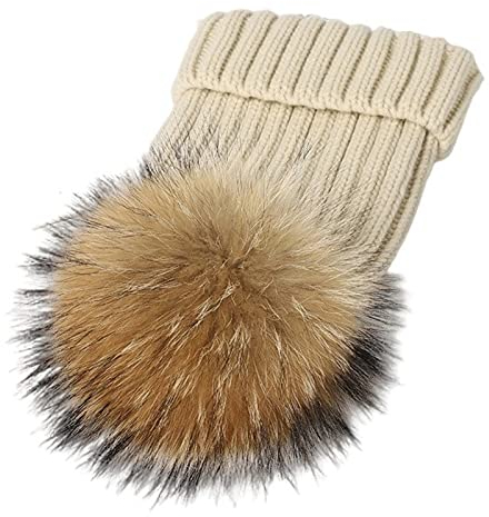 feifanshop Damen Echtfell Waschbär Fell Pelz Bommel Strick Mütze Winter-Mütze Bommelmütze