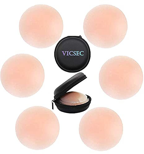 VicSec Pack de tétons réutilisables, couvercle de tétons en silicone de forme ronde et fleur éligible adhésive pour tétons invisibles, Lot de 3 paires de tétons ronds + étui, Taille Unique