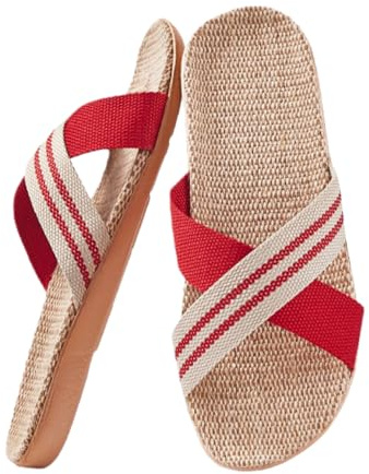 Pantoufles d'Eté Respirant en Lin Antidérapant Femme Homme Sandales Plates Chaussures à Bout Ouvert Chaussons de Plage Piscine Tongs Claquettes Confortable pour Maison Bureau Intérieur 39-40 Rouge