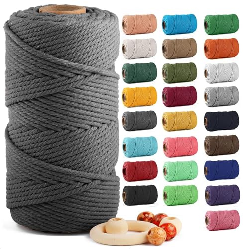Macrame Cotton Cord 5mm x 109 Yards, ZUEXT Natural Handmade 4 Twisted Braided Cotton Rope Craft Cord for Wall Hanging Weaving Tapestry Dream Catchers Knitting Plant Hanger DIY Gift (100m, Gray)