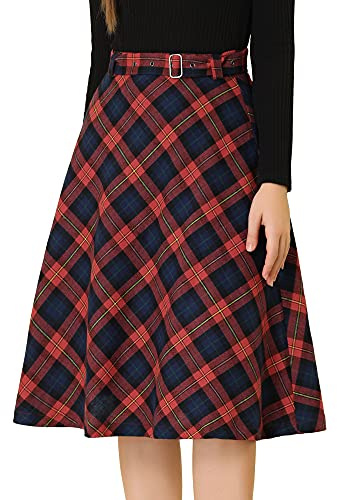 Allegra K Jupe à Carreaux écossais Vintage pour Femme - Taille Haute - Ceinture - Ligne A - Jupe midi, Rouge/Bleu, L