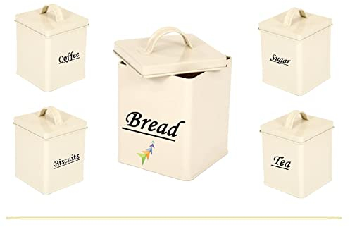 Abaseen 5 Piece Kitchen Canister Storage Tin Set Includes Bread Biscuit Tea Coffee & Sugar Tins Containers Airtight Metal Square Jars (Cream)