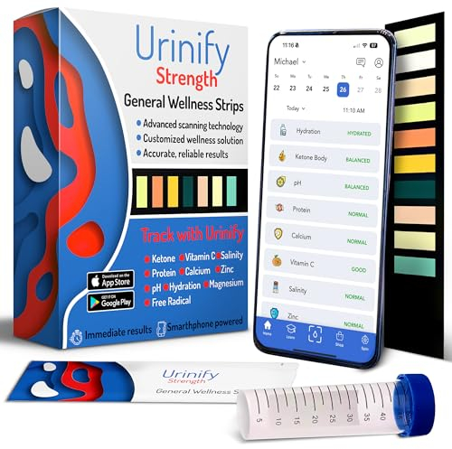 [URINIFY Strength] Urine Test Strips and Mobile App for Keto Strips Urine Test, Hydration Test, Metabolism Test, pH, Vitamin C, urinalysis Test Strips…