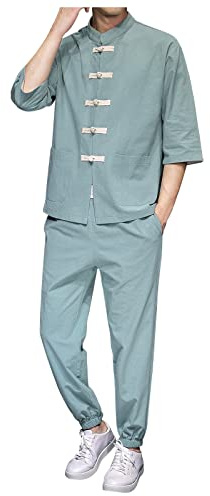 Traje Tradicional de Lino para Hombre, 2 Piezas, Estilo Chino, Cuello de Pie, Abrigo Kung Fu Vintage + Pantalones, Conjunto de Bloqueo de Color