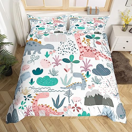 Feelyou Dino Bedding Set Full, Cartoon Dinosaur Duvet Cover Jungle Animal Comforter Cover Kids Toddler Pink Gray Dinosaur Bedspread Cover with 2 Pillow Case (No Comforter)