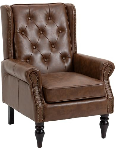 Mid-Century Wingback Chair, PU Leather Accent Chair Armchair with Buttons,Modern Living Room Chairs with Rivet Decoration,Leisure Single Sofa Chair for Bedroom,Club,Home Reception (PU Brown)