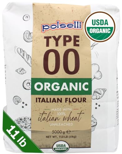 POLSELLI Organic Flour, Type 00, 100% Italian Grain, Double Zero Flour, OO Extra Fine, 5 kg, 11 lbs, BIO, Neapolitan Italian Pizza, Bread, Pasta, All Natural, Unbleached, All-Purpose, Unbromated, No Additives