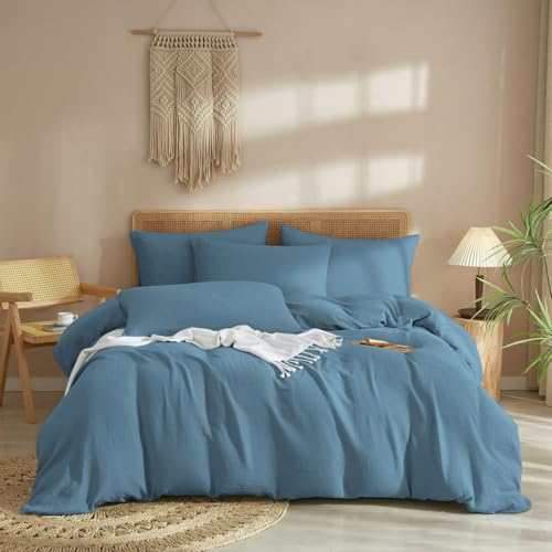 Luofanfei Baumwolle Bettwäsche 135x200 Muslin Petrol Blau Renforce Uni Sommer Kühlende Boho Bettwäsche Set Knitterlook Weiche Bettbezug Bügelfrei mit Reißverschluss und Kissenbezug 80x80cm