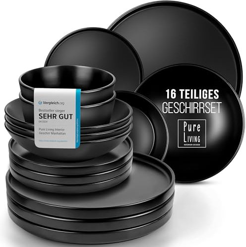 Steingut Geschirrset 4 Personen Manhattan 16 tlg. TESTSIEGER, Cooles Urbanes Steingut Geschirr Set, Schüssel- und Teller Set, Tafelservice 4 Personen, Geschirrsets Pure Living in matt Schwarz