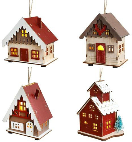 Weihnachtsdeko Holz Weihnachtsdorf mit Beleuchtung, Holz Weihnachtsdorf Häuser mit LED Licht, Hängend Weihnachtshäuser Deko Holzhaus Winterhaus Beleuchtet Weihnachtshaus für Weihnachten Deko (4 Stück)