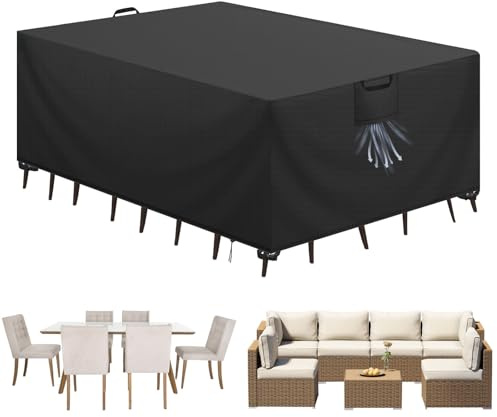 Aujink Funda Mesa Exterior Impermeable, Funda para Muebles de Jardín, Cubierta para Muebles de Jardin Tela Oxford 420D Anti Viento Anti UV Funda Protectora Mesa Exterior, Negro,300x200x90cm