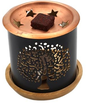 LivuX Aromafume Exotic Incense Diffuser „Baum des Lebens“ – Weihrauchgefäß, Räucherstövchen, 6,5x7 cm, Schmiedeeisen mit Kupferplatte und Holzuntersetzer, ideal für Aromafume-Weihrauchblöcke 1194