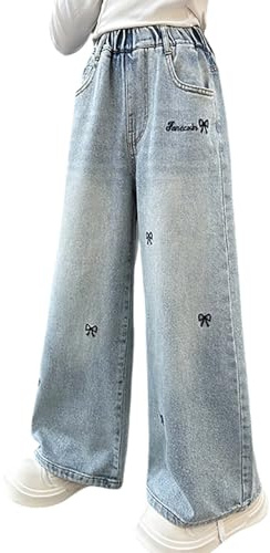 Wide Leg Jeans Kids Girls Baggy Trendy Teenage Girls Loose Fit Trousers Elastic Waist Dressy Stretchy Comfy School Casual Athletic Streetwear Sweatpants 5-17 Years (Blue, 12-15 Years)