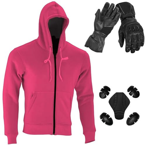 Vaster Moto Felpa con cappuccio da moto rosa da donna fodera in Kevlar protezione corpo CE per motociclista, Guanto nero = XS, 6XL