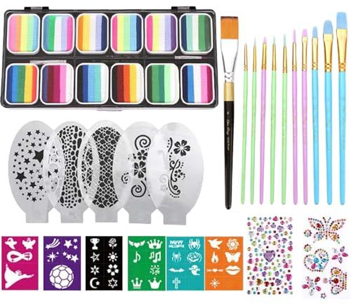 Kit de Maquillage Artistique - Kit de Maquillage pour Corps et Visage,Palette 12 Compartiments Couleurs Vibrantes avec Pinceaux et Pochoirs pour