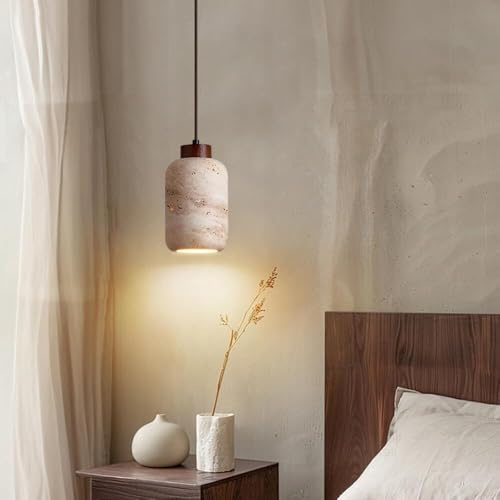 LUOYAOB Suspension moderne en travertin, lampe suspendue en pierre naturelle avec baldaquin en bois, mini lustre à cordon réglable for chevet, îlot cuisine, salle à manger, bar(Walnut Color)