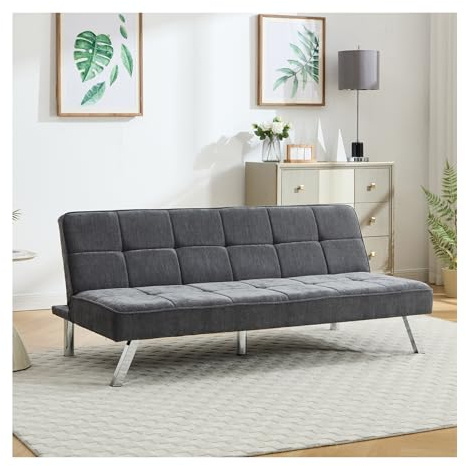 Warmiehomy Futon Sofa Bed Click Clack Sofa Bed Velvet Fabric 3 Seater Sofa Couch Convertible Bed Settee with Metal Legs for Living Room, Spare Room, Bedroom, Grey