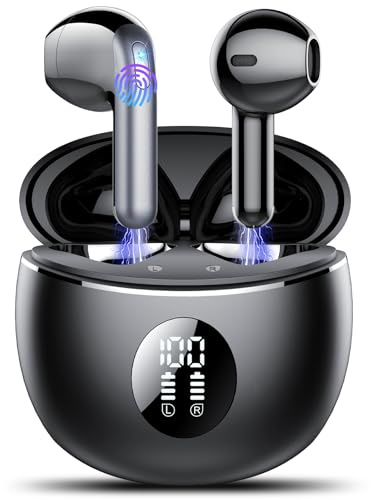 TIMU Cuffie Bluetooth, Auricolari Bluetooth 5.4 Stereo HiFi con 4 ENC Mic,Cuffie Wireless con LED Display 50 Ore, Cancellazione Rumore Cuffiette Bluetooth,Touch Control,IP7 Impermeabile，nero opaco