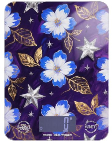 Bilancia portatile con display LCD, 5 kg/5 g, blu e fiori, bilancia essenziale da cucina con 4 unità per cuocere espresso perdita di peso (batterie non incluse) pesa para alimentos