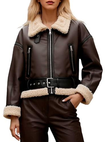 Duohropke Giacca in pelle da donna, foderata, calda, in ecopelle, fodera interna invernale, con fodera in orsacchiotto, giacca da moto con chiusura lampo, giacca da bomber corta, marrone, XS