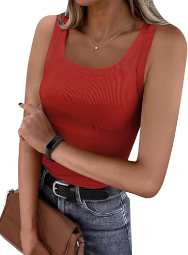 Cuptacc Top Femme Côtelé Col Carré sans Manches Débardeur Coupe Ajustée Basique Été Haut Extensible Confortable Polyvalente Quotidien