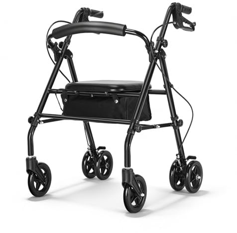 R5 andador ultraligero plegable(con asiento) para ancianos, estructura resistente de acero al carbono, ajuste de altura, sistema de freno/estacionamiento, apto para interiores y exteriores terrenos