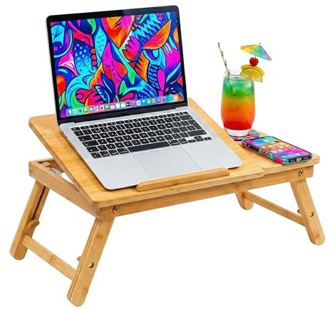 Relaxdays laptopstativ i bambu, höjdjusterbar för 11,6-17,3 tums enheter, dryckeshållare, låda, naturlig