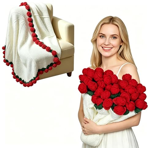 Vibe2Go Crochet Rose Bouquet Blanket, Handmade Flower Bouquet Throw Blanket, Soft Knitted Floral Blanket for Sofa Bed, Ideal as a Gift for Women on Valentine's Day and Birthdays (Red Rose, 80 cm)