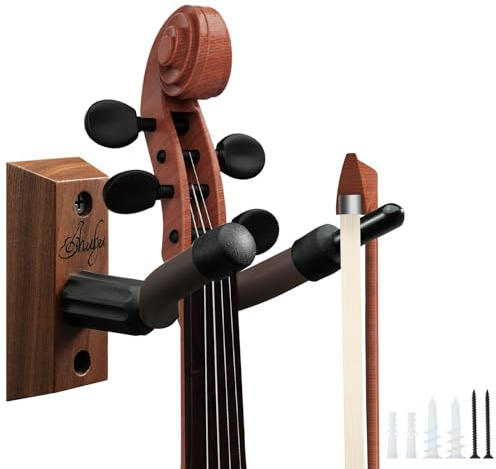 Ohuhu Violin Wall Mount Hanger, Hardwood Violin Viola Hanger with Bow Holder and Soft Padding for Home Studio Decor