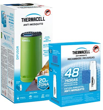 Thermacell Difusor + Recambios Antimosquitos, Protección de 20 m², 60 Horas de Duración, Inodoro, Verde