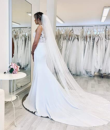 Pet-Jos Hochzeitsschleier Brautschleier lange Kathedrale Kapelle 1 Schicht Brautschleier weißer Elfenbein Tüllschleier Hochzeitszubehör eleganter klassischer Schleier
