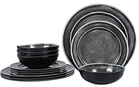 Melamine Dinnerware Sets- 12pcs Melamine Plates and Bowls Set for 4, Suitable for Indoor and Outdoor Use, Black