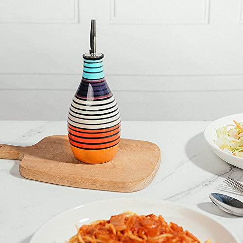 Ceramic Olive Oil Container, 400ml Capacity, Vinegar Dispenser With Pourer & Stopper, Stylish Kitchen Carafe Striped Design, 6 Height, 3 Width, Practical Seasoning Bottle, Elegant Tabletop Accessory