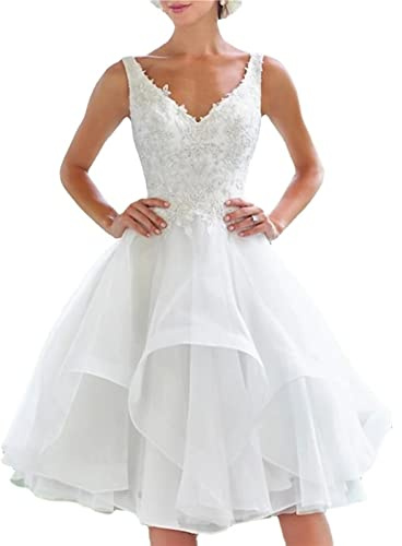 Robe de mariée Courte en Tulle de Mariage à Double épaule avec Jupe imprimée Dos Nu en Dentelle (Color : White, Size : L)