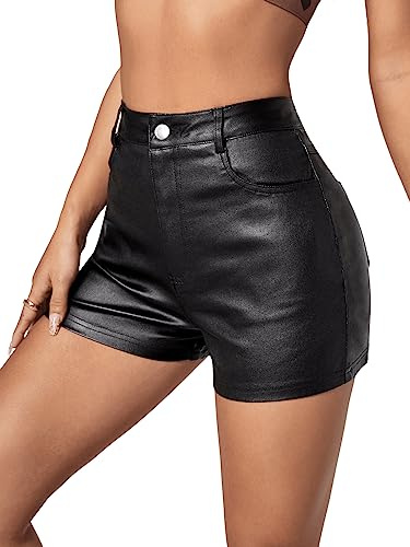 GORGLITTER Dam stretch shorts korta byxor PU-läder utseende konstläderbyxor nattklubb byxor med ögla och dragsko, Svart enfärgad, XS
