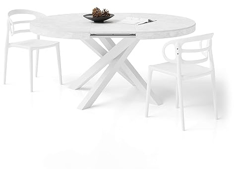Mobili Fiver, Table Ronde Extensible Emma, Blanc Béton avec Pieds Blancs croisés, Made in Italy 120 cm x 120 cm x 74 cm