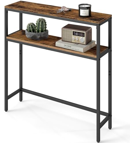 VASAGLE Mesa de Consola de 2 Niveles, Mesa Auxiliar con 2 Estantes, 20 x 80 x 80 cm, para Sala de Estar, Pasillo, Recibidor, Marrón Rústico y Negro Tinta LNT130K01