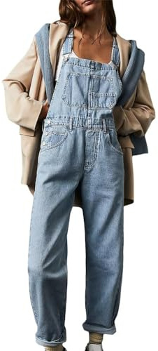 shownicer Salopette Casual Stretch Denim Donna Jeans Tuta con Tasche Ragazza Sciolto Overall Lunga Casual Pantaloni Jumpsuit A Azzurro M